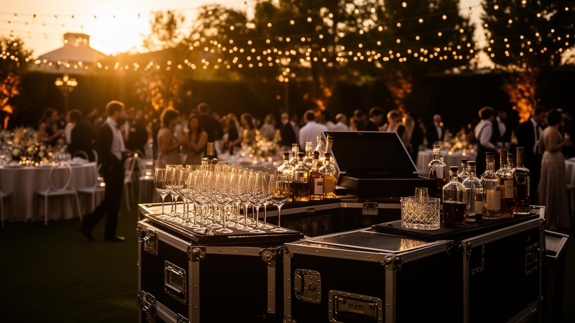 Elegant outdoor event bar at golden hour